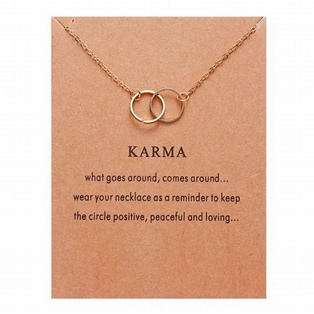 GOLD KARMA INTERLOCKING CIRCLE PENDANT NECKLACE WITH INSPIRATIONAL CARD